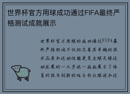 世界杯官方用球成功通过FIFA最终严格测试成就展示