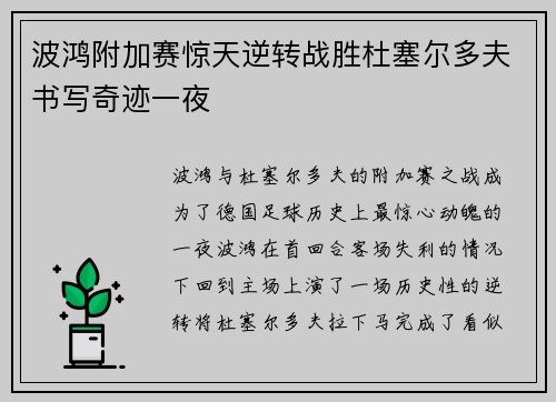 波鸿附加赛惊天逆转战胜杜塞尔多夫书写奇迹一夜