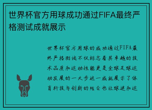 世界杯官方用球成功通过FIFA最终严格测试成就展示